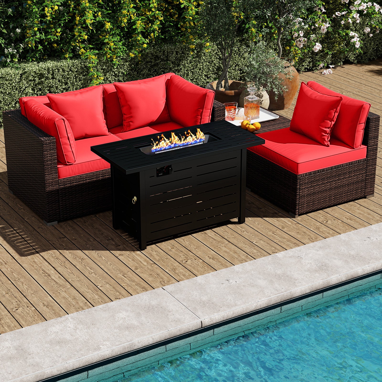 Heavy-duty Frame Rattan Sofa Set with 60000 BTU Firepit Table