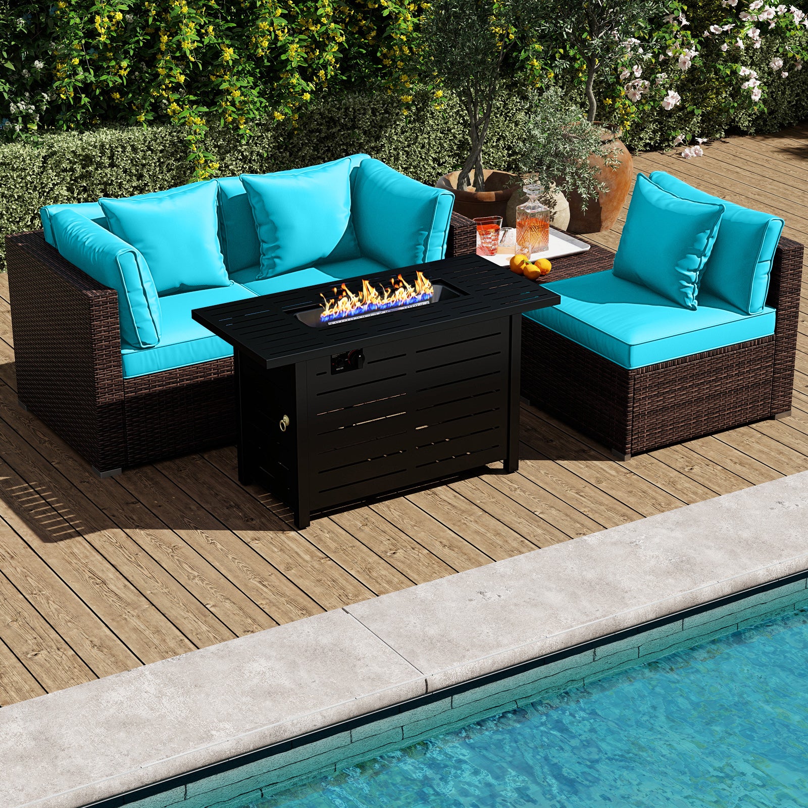 Heavy-duty Frame Rattan Sofa Set with 60000 BTU Firepit Table