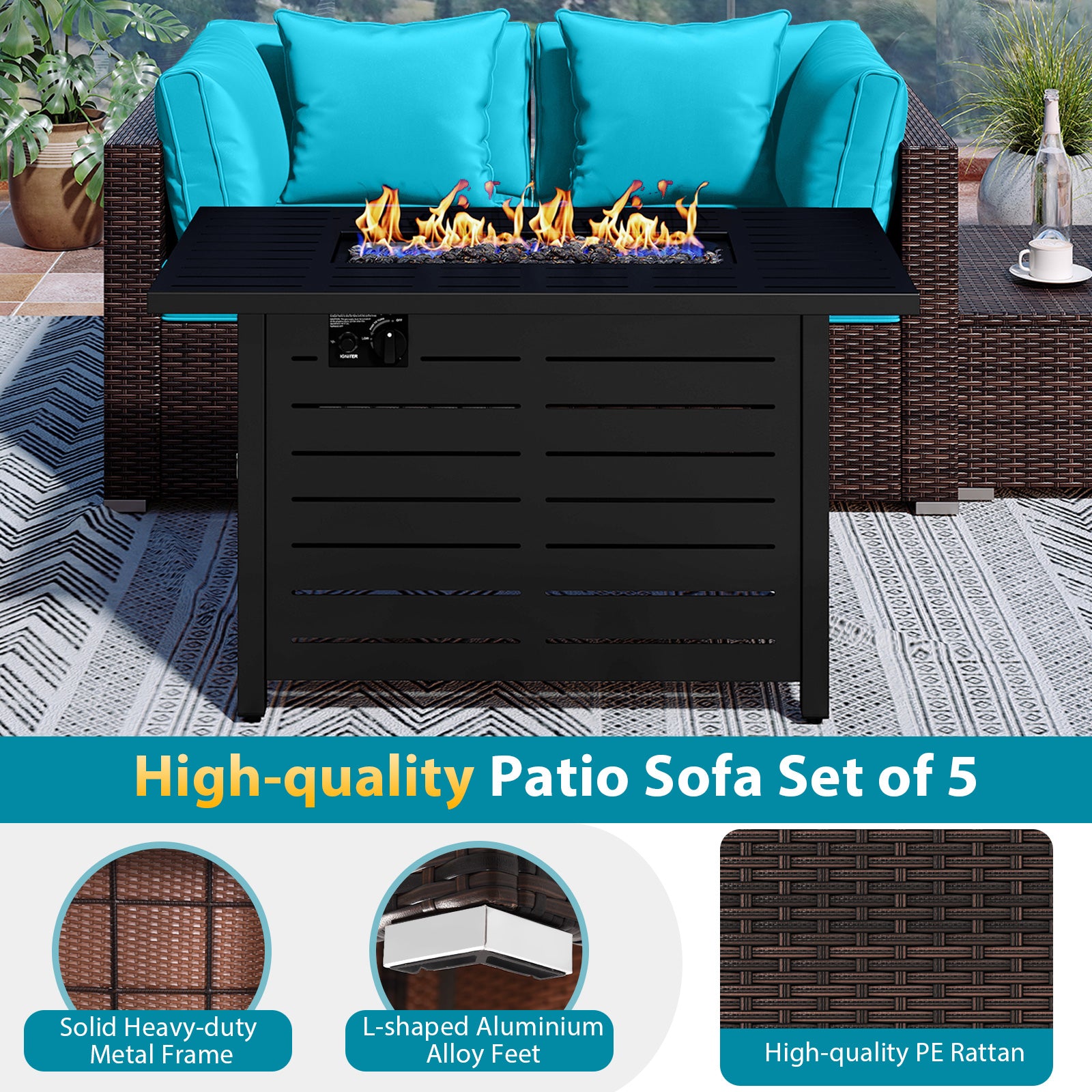 Heavy-duty Frame Rattan Sofa Set with 60000 BTU Firepit Table