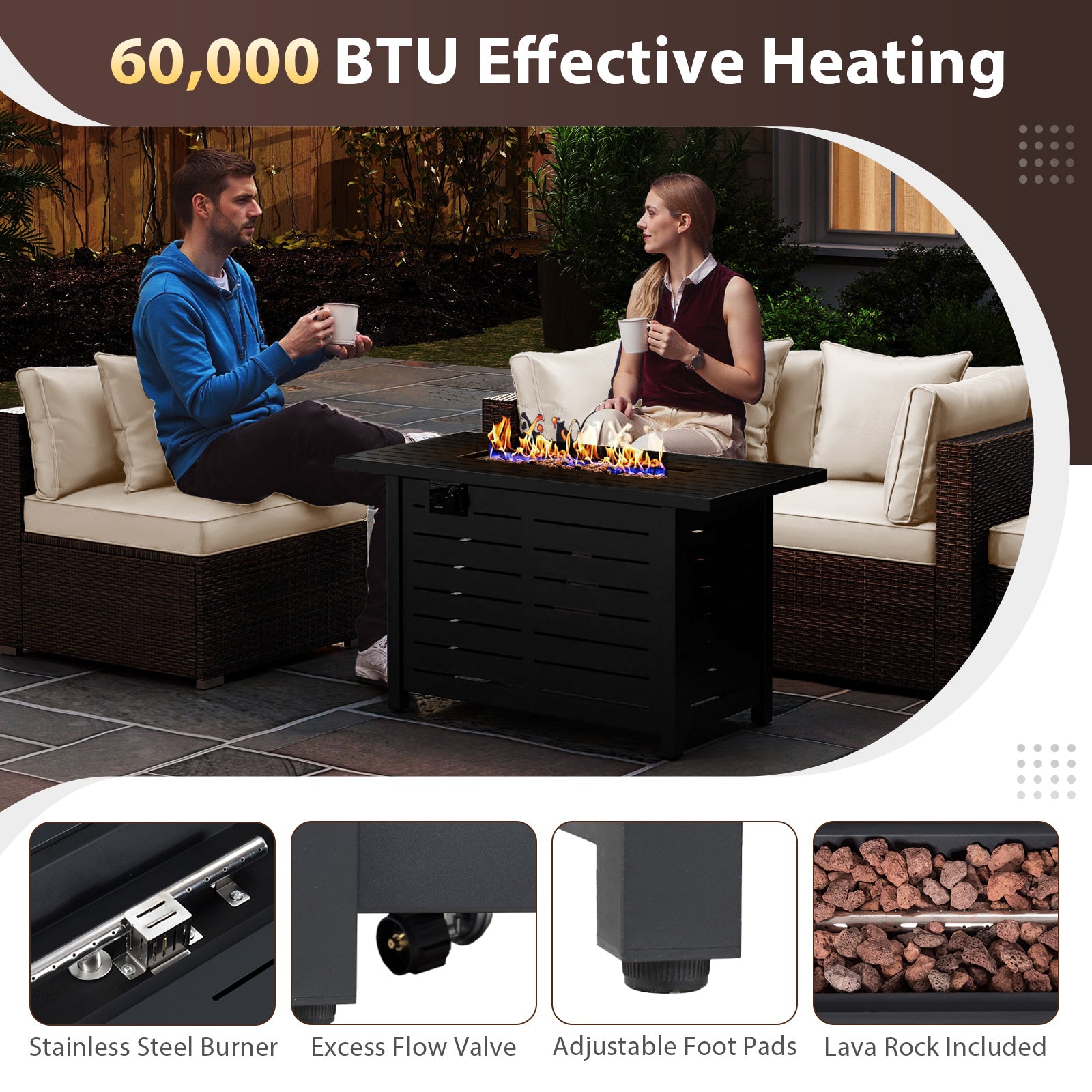 Heavy-duty Frame Rattan Sofa Set with 60000 BTU Firepit Table