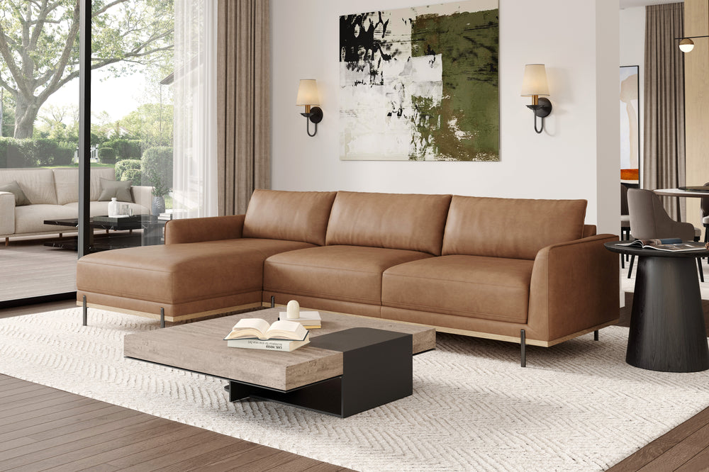 Valencia Imogen Top Grain Leather Sectional Sofa, Three Seats with Left Chaise, Tan