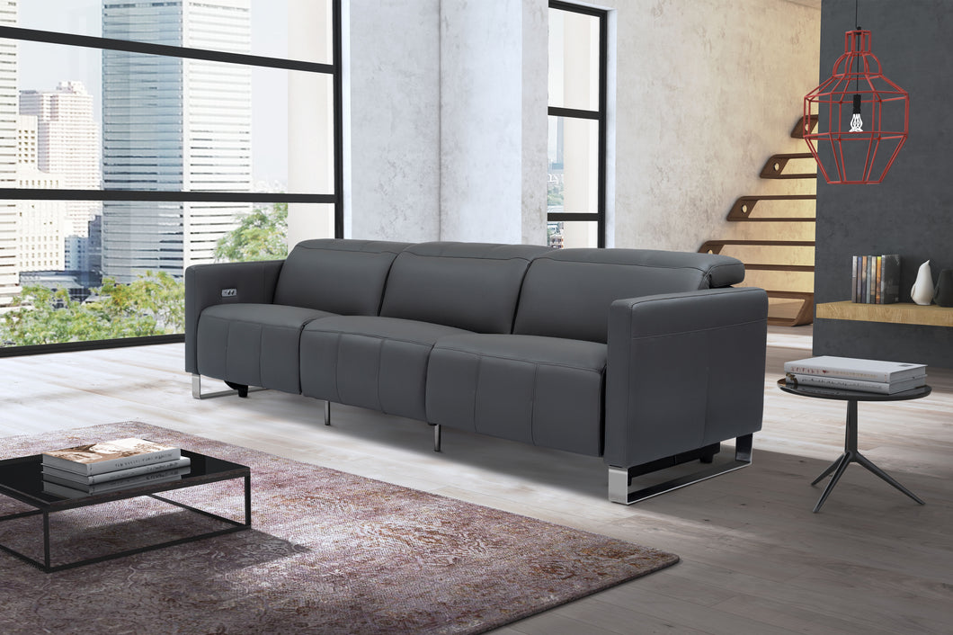 Valencia Isla Modern Top Grain Leather Reclining Sofa, Three Seats, Grey