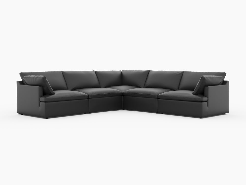 Valencia Isola Cloud Top Grain Leather Theater Lounge Modular Sofa L Shape, Black Color