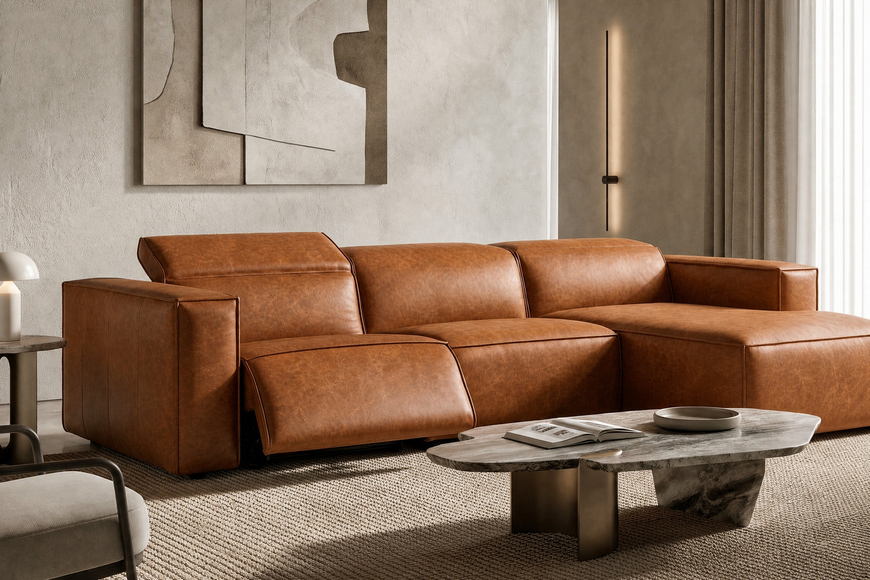 Emery Distressed Italian Aniline Leather Recliner Sectional Sofa