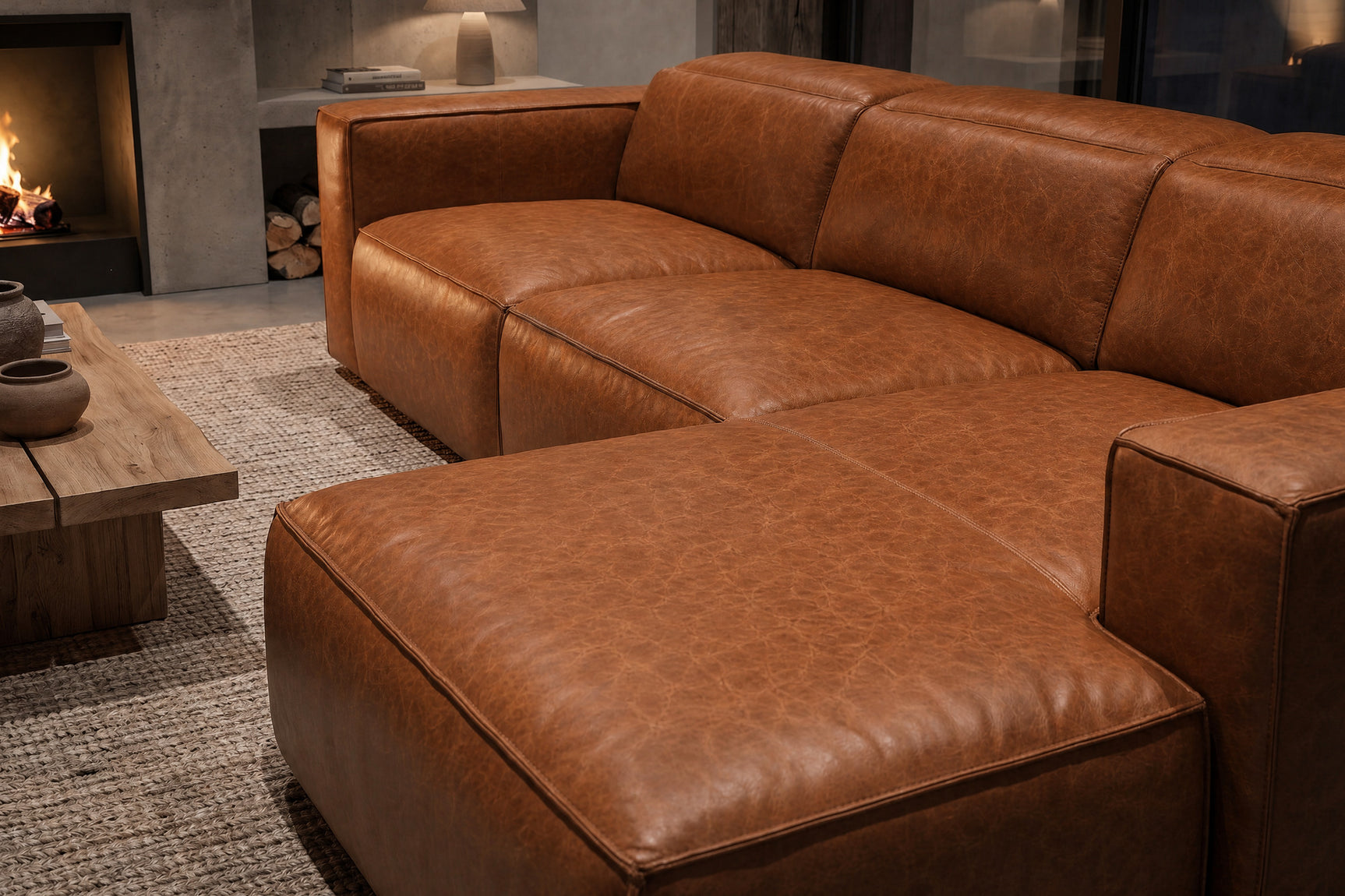 Emery Distressed Italian Aniline Leather Recliner Sectional Sofa