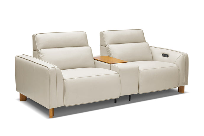 Valencia Lesley Top Grain Leather Loveseat with Console Recliner Sofa, Beige