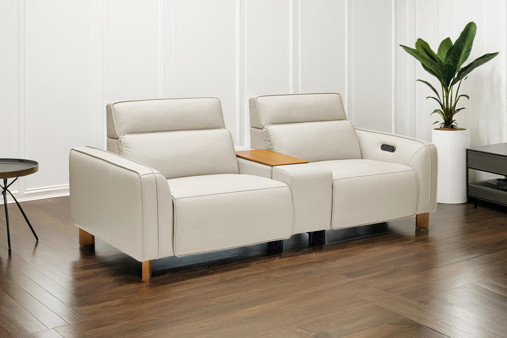 Valencia Lesley Top Grain Leather Loveseat with Console Recliner Sofa, Beige