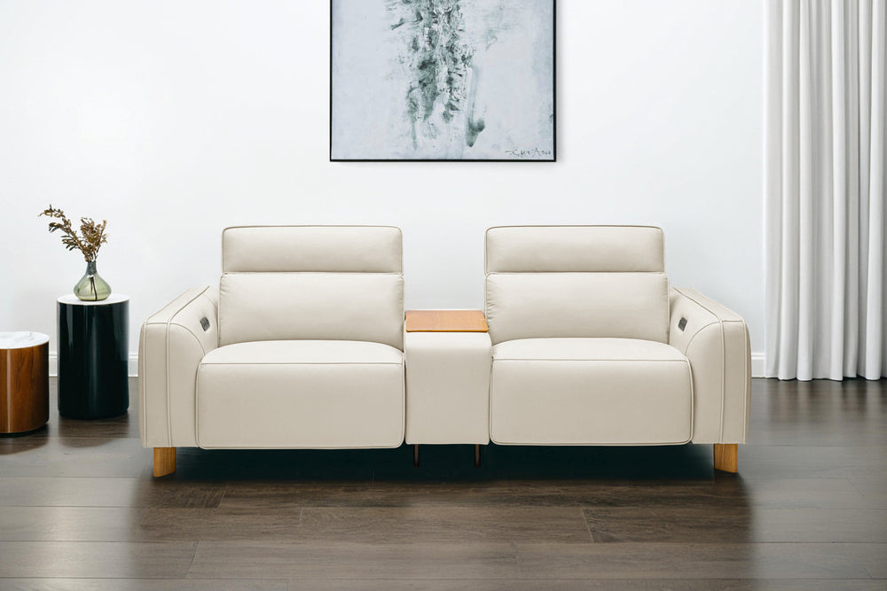 Valencia Lesley Top Grain Leather Loveseat with Console Recliner Sofa, Beige