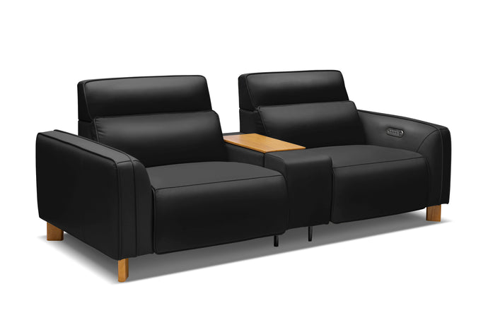 Valencia Lesley Top Grain Leather Loveseat with Console Recliner Sofa, Black