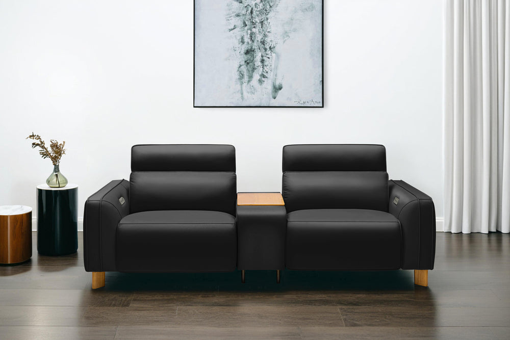 Valencia Lesley Top Grain Leather Loveseat with Console Recliner Sofa, Black