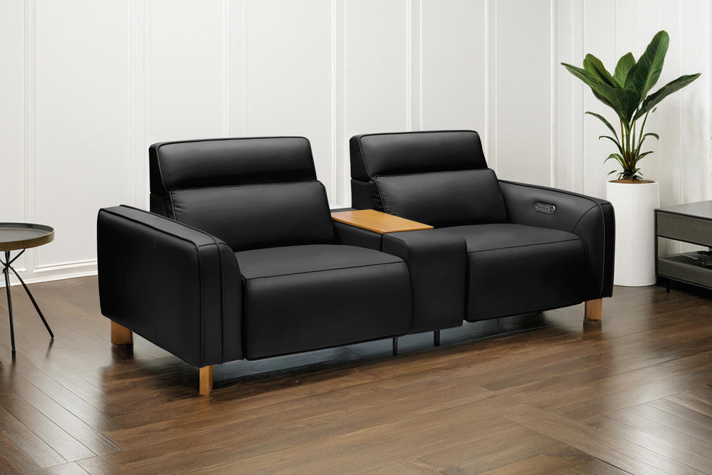 Valencia Lesley Top Grain Leather Loveseat with Console Recliner Sofa, Black