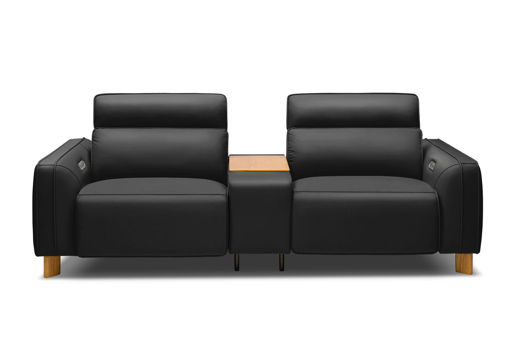 Valencia Lesley Top Grain Leather Loveseat with Console Recliner Sofa, Black