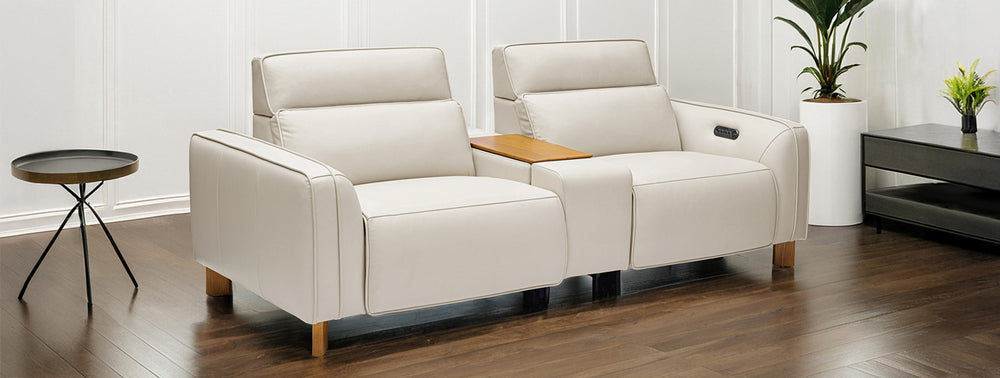 Valencia Lesley Top Grain Leather Loveseat with Console Recliner Sofa, Beige