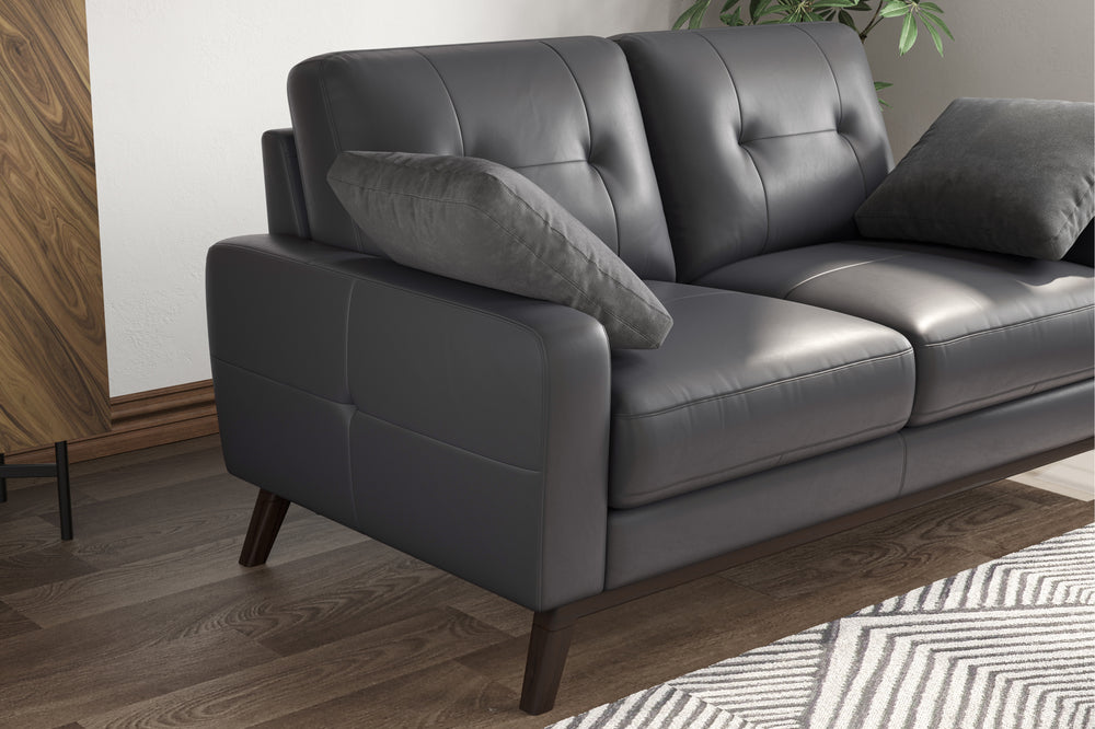 Valencia Francesca Mid Century Top Grain Leather Loveseat Sofa, Charcoal Grey