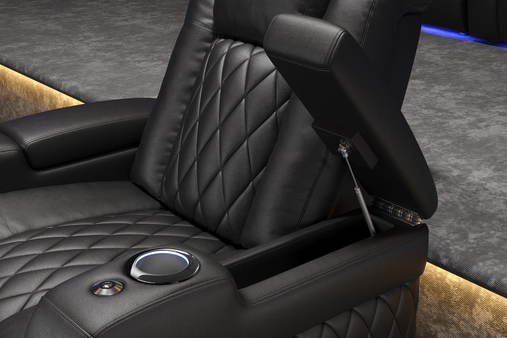 Valencia 2025 New Tuscany Console Leather Home Theater Seating Row of 5 Dropdown Center, Midnight Black