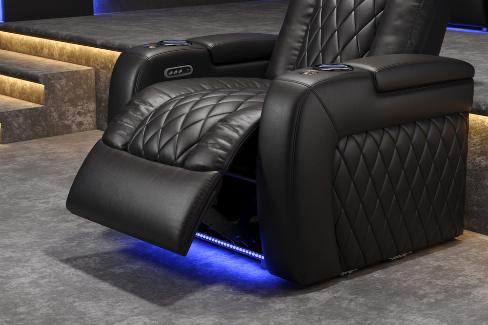 Valencia 2025 New Tuscany Console Leather Home Theater Seating Row of 5 Dropdown Center, Midnight Black