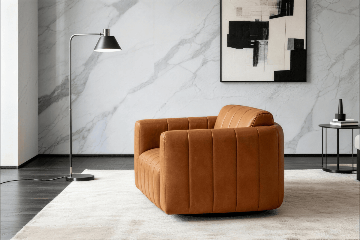 Lyra Modern Channel-Tufted Leather Swivel Chair