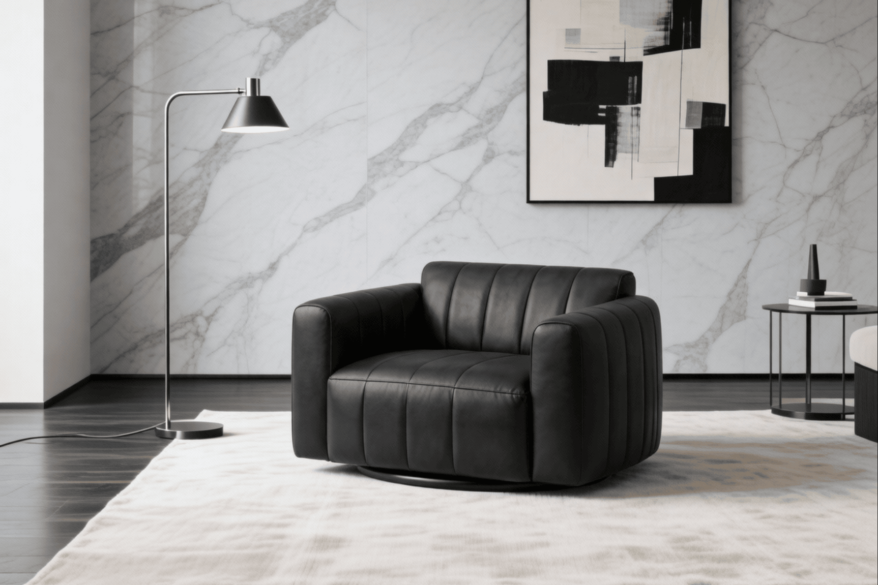 Lyra Modern Channel-Tufted Leather Swivel Chair