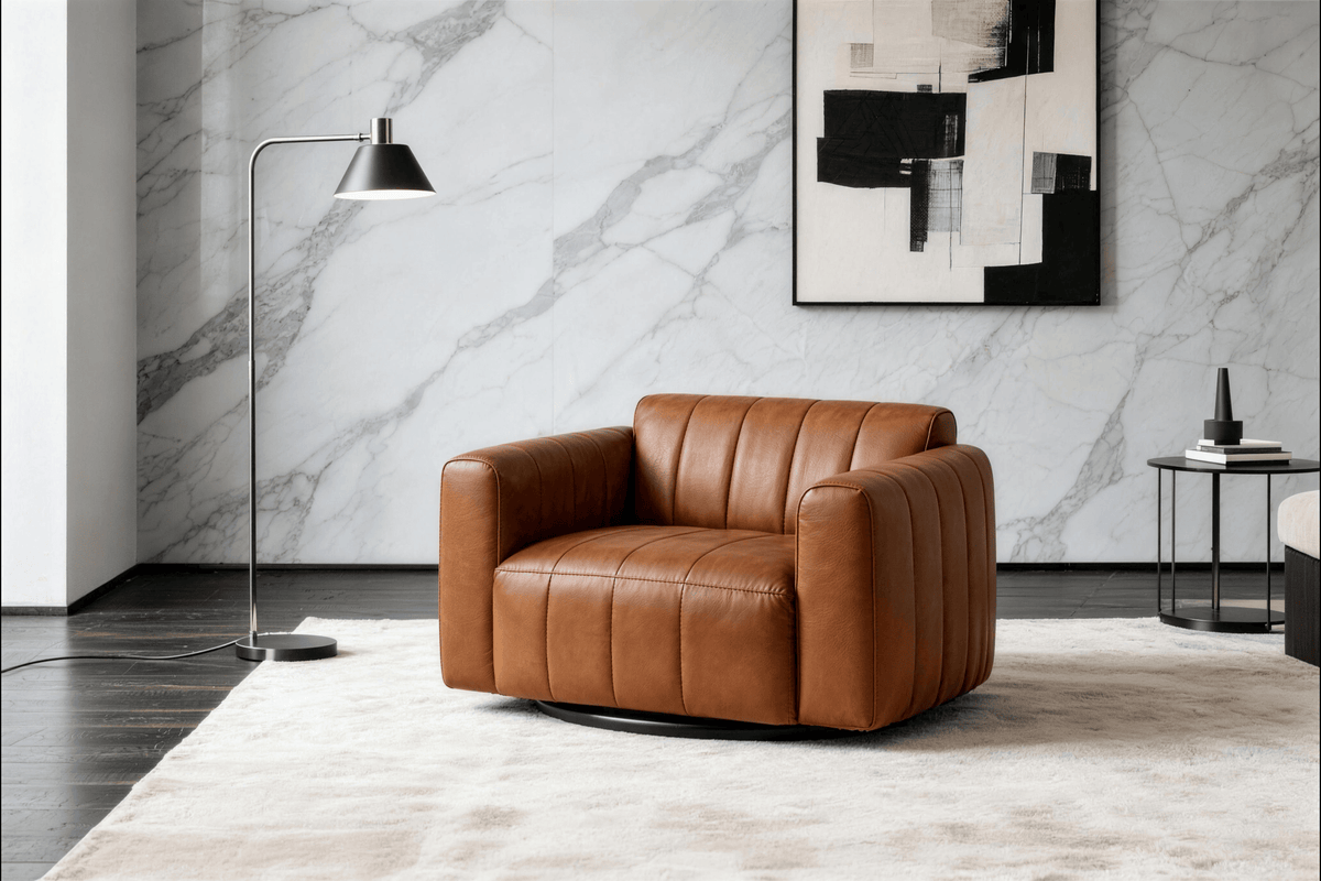 Lyra Modern Channel-Tufted Leather Swivel Chair