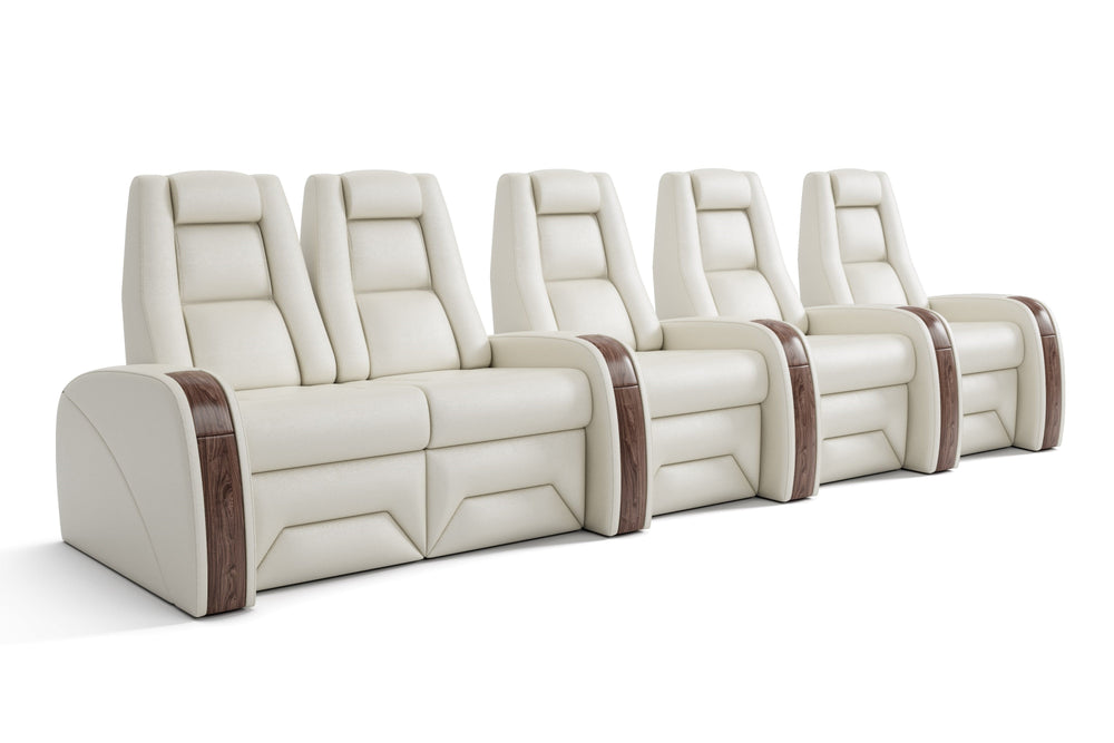 Valencia Prague Executive Leather Elite Home Theater Seating, Row of 5 Loveseat Left, Beige