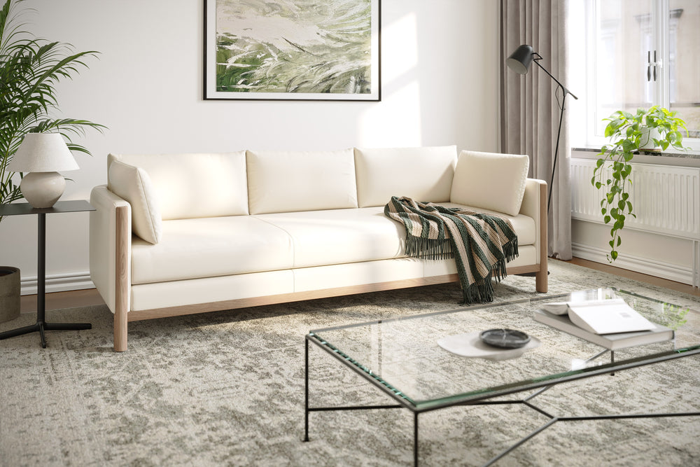 Matera Leather Three Seats Sofa with Wooden Legs, Beige