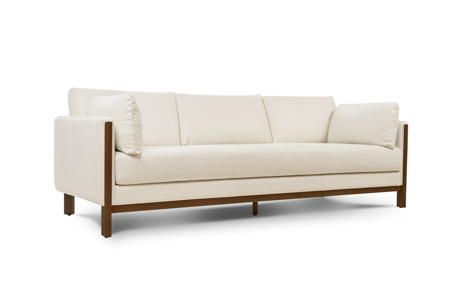 Matera Leather Three Seats Sofa with Wooden Legs, Beige