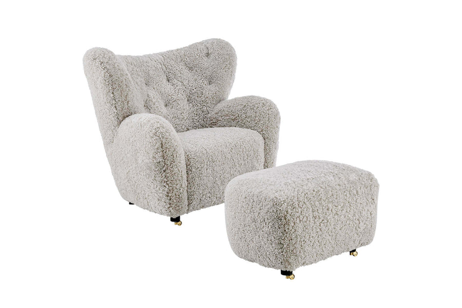 Valencia Flemming Lassen The Tired Man Lounge Chair & Footstool in Genuine Sheepskin, Light Grey