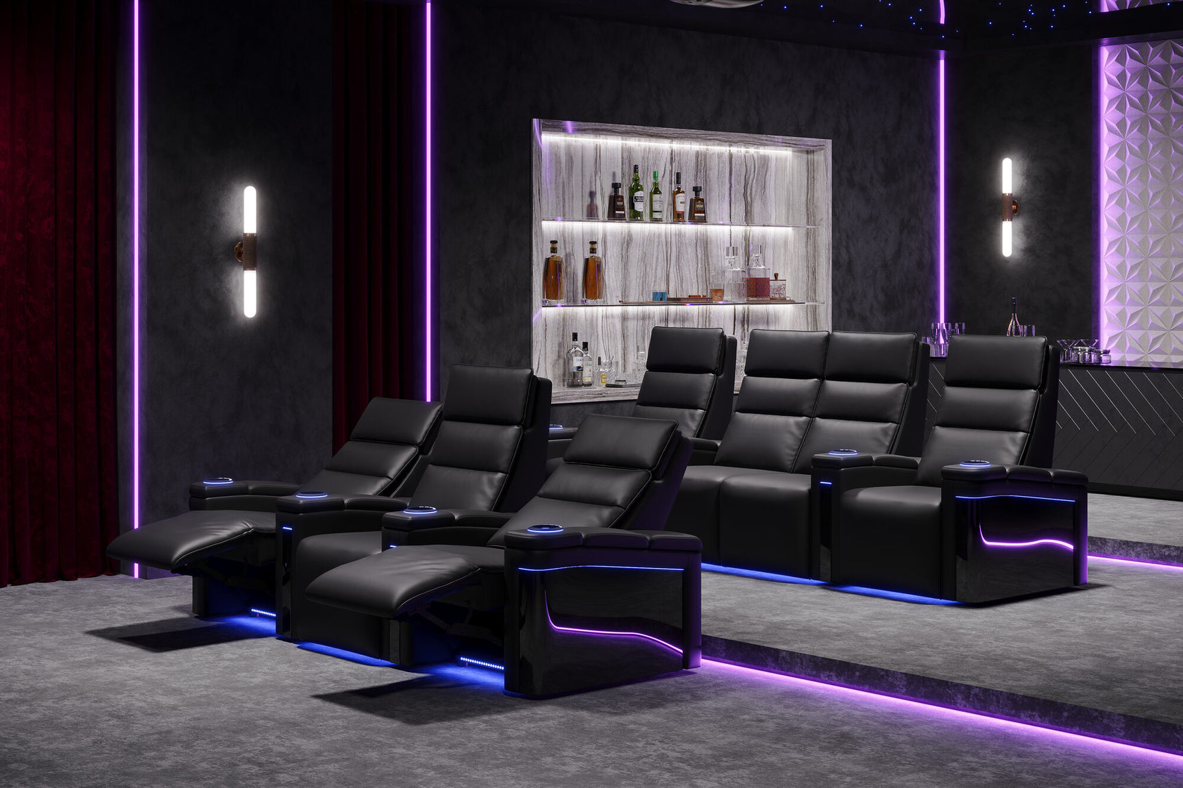 Valencia 2025 New Monza Leather Home Theater Seating With Carbon Fiber Panel Row of 3, Black