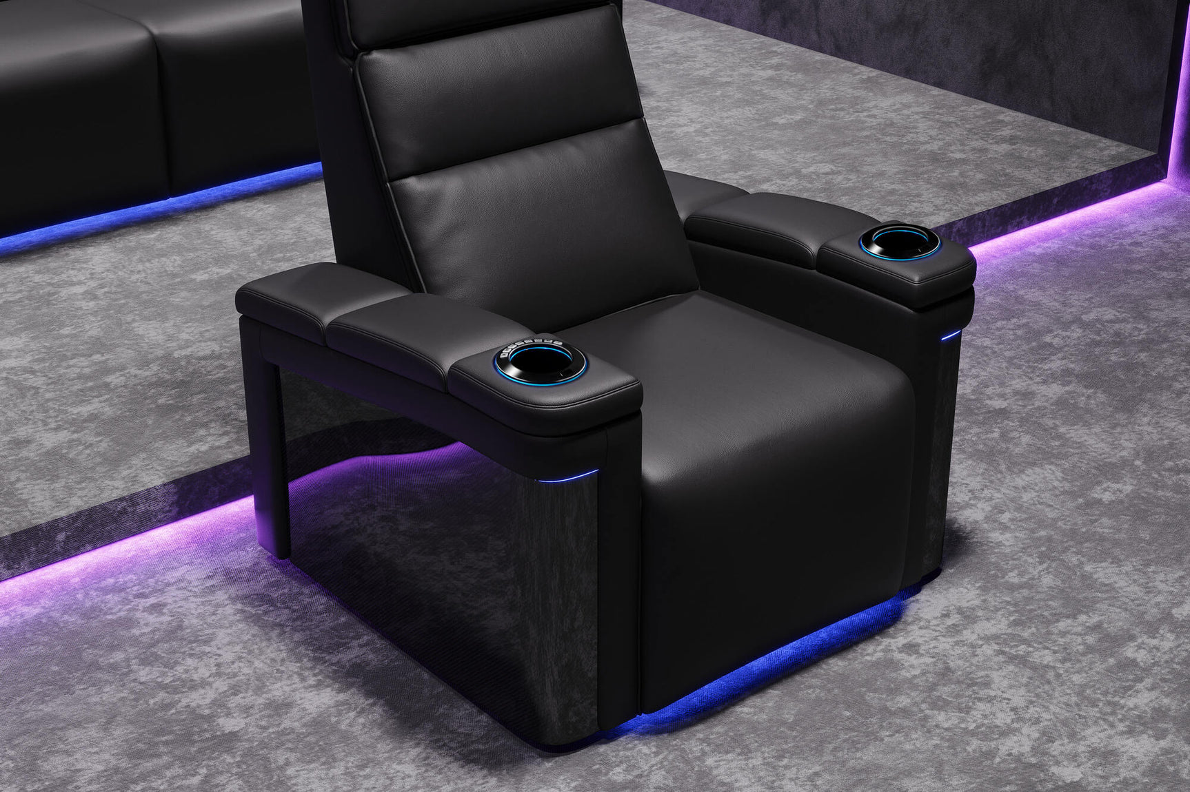 Valencia 2025 New Monza Leather Home Theater Seating With Carbon Fiber Panel Row of 3, Black