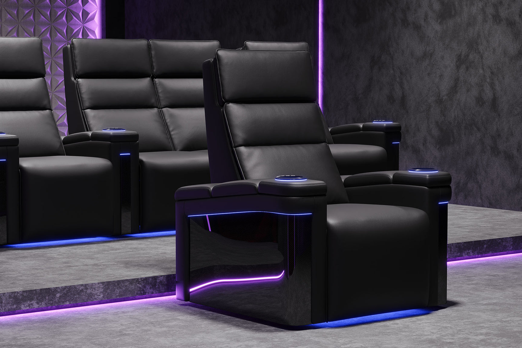 Valencia 2025 New Monza Leather Home Theater Seating With Carbon Fiber Panel Row of 3, Black