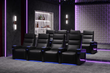 Valencia 2025 New Monza Leather Home Theater Seating With Carbon Fiber Panel Row of 5, Black