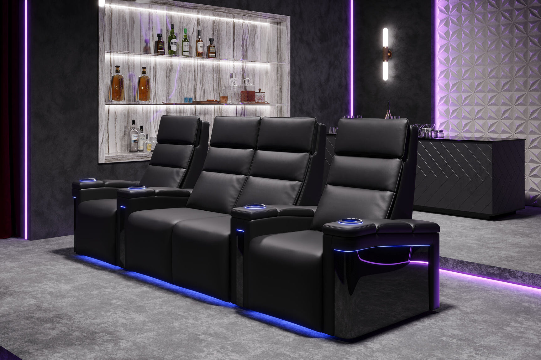 Valencia 2025 New Monza Leather Home Theater Seating With Carbon Fiber Panel Row of 3, Black
