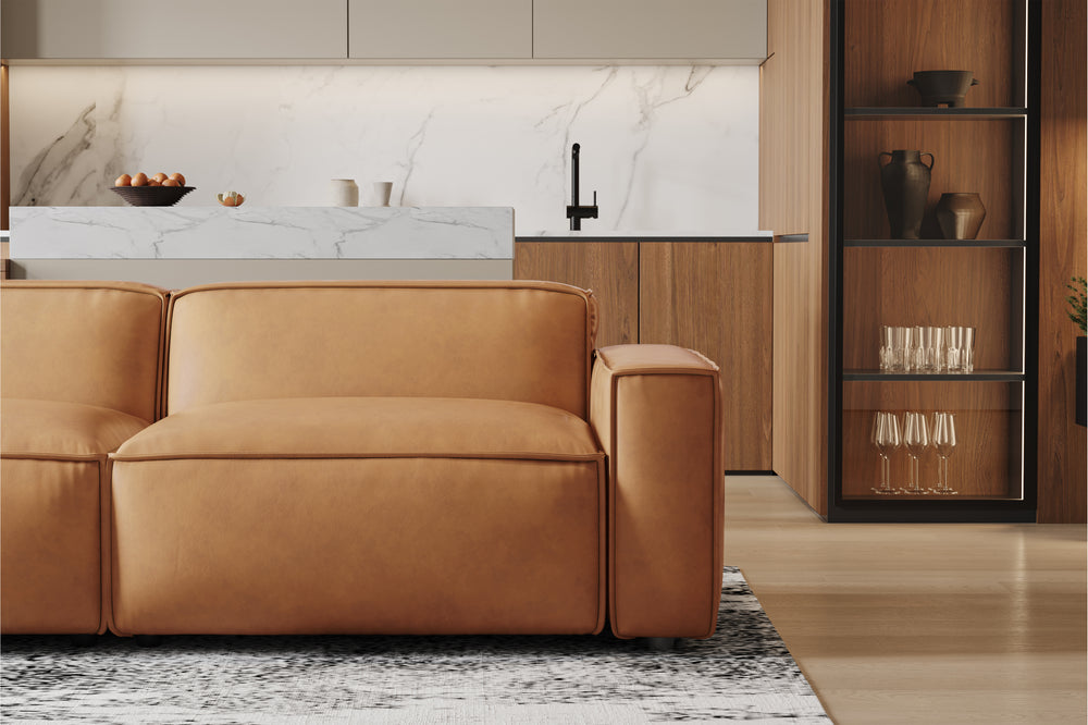 Valencia Nathan Full Aniline Leather Modular Sofa with Down Feather, Three Seats, Caramel Brown Color
