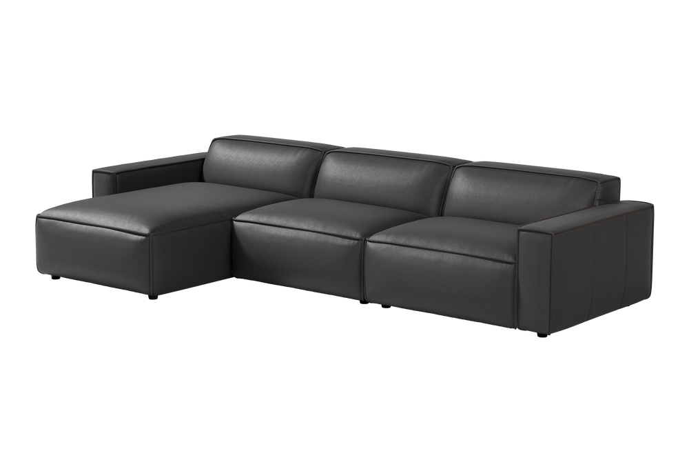 Valencia Nathan Full Aniline Leather Media Lounge Left Chaise Modular Sofa with Down Feather Fill, Black