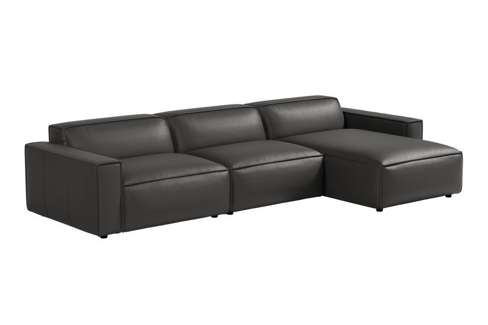 Valencia Nathan Full Aniline Leather Media Lounge Right Chaise Modular Sofa with Down Feather Fill, Black
