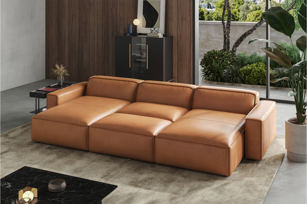 Valencia Nathan Full Aniline Leather Modular Sofa with Down Feather, Bed Shape, Caramel Brown Color