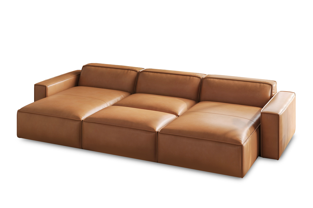 Valencia Nathan Full Aniline Leather Modular Sofa with Down Feather, Bed Shape, Caramel Brown Color