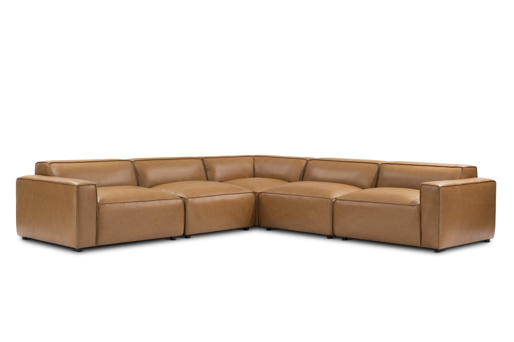 Valencia Nathan Full Aniline Leather Modular Sofa with Down Feather, L-Shape, Caramel Brown Color