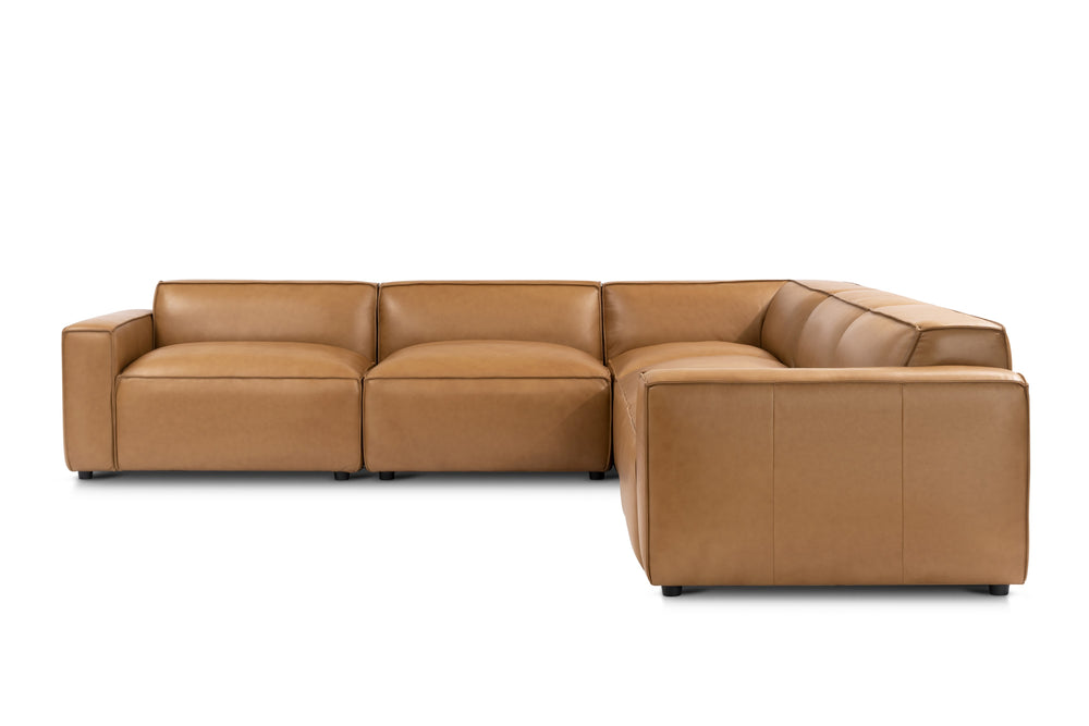 Valencia Nathan Full Aniline Leather Modular Sofa with Down Feather, L-Shape, Caramel Brown Color