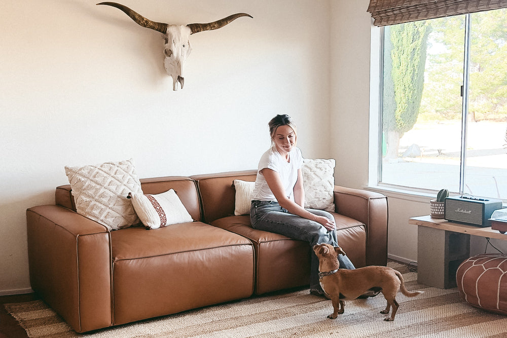 Valencia Nathan Full Aniline Leather Modular Sofa with Down Feather, Loveseat, Caramel Brown Color