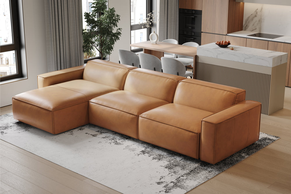 Valencia Nathan Full Aniline Leather Modular Sofa with Down Feather, Left Chaise, Caramel Brown Color