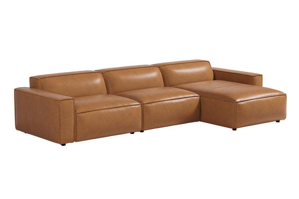 Valencia Nathan Full Aniline Leather Modular Sofa with Down Feather, Right Chaise, Caramel Brown Color