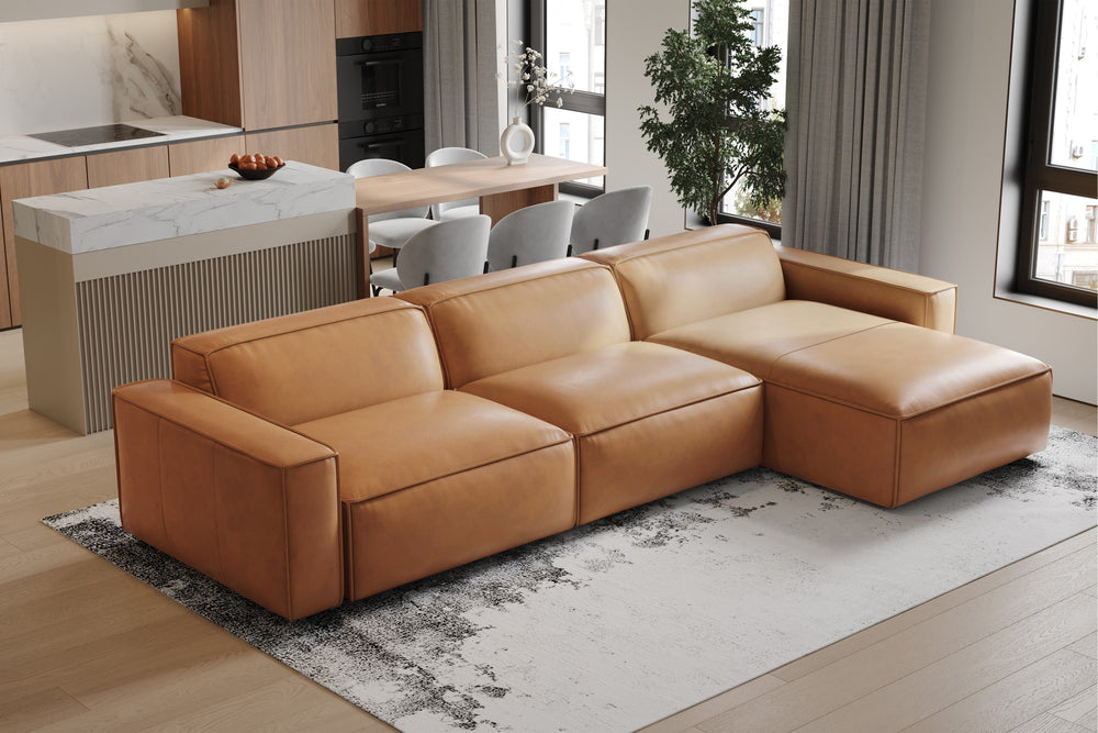 Valencia Nathan Full Aniline Leather Modular Sofa with Down Feather, Right Chaise, Caramel Brown Color