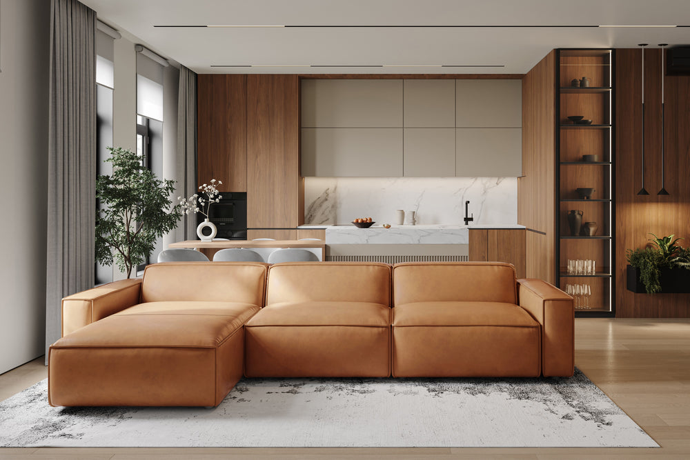 Valencia Nathan Full Aniline Leather Modular Sofa with Down Feather, Right Chaise, Caramel Brown Color