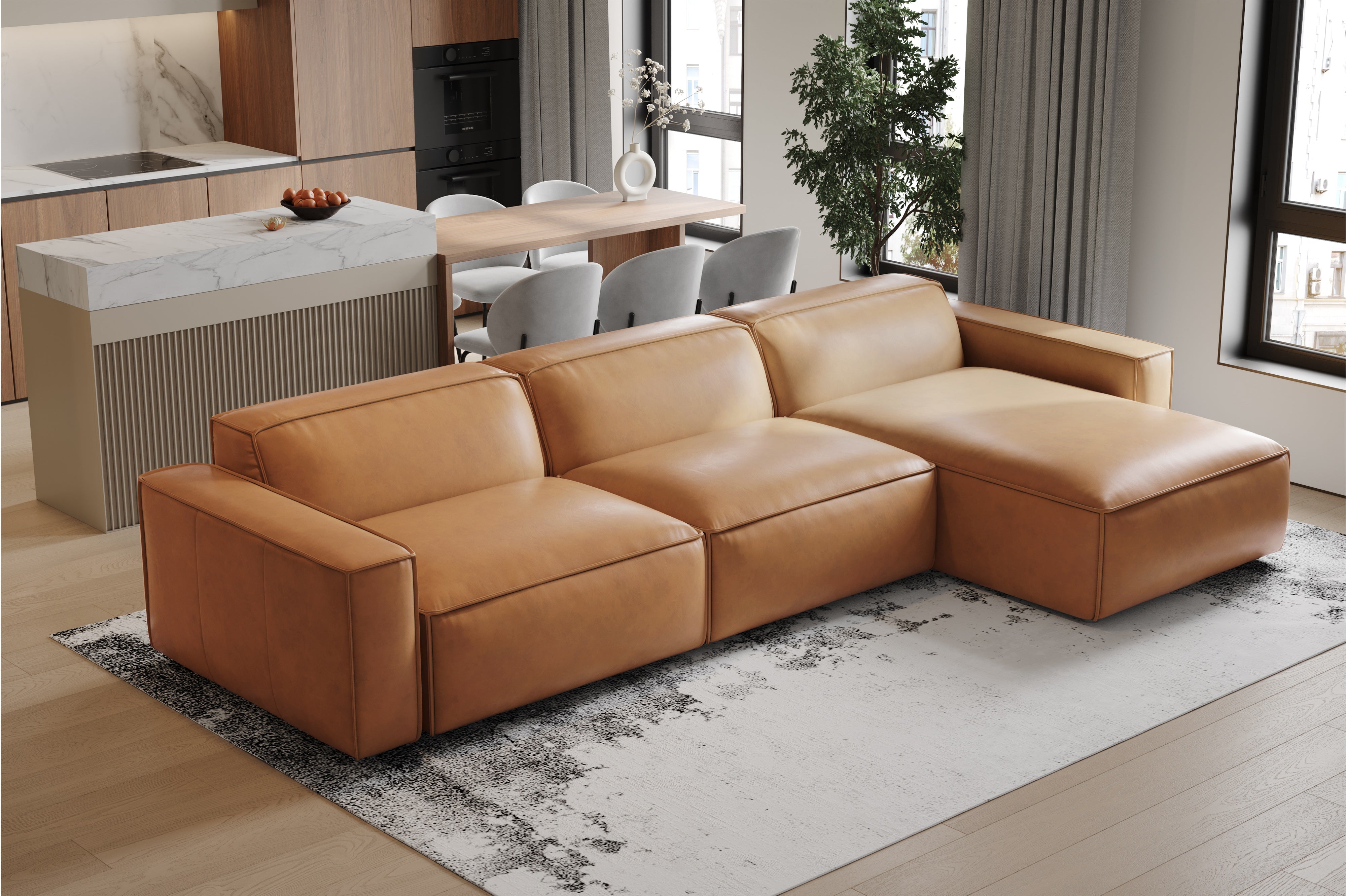 Tan leather on sale sofa chaise