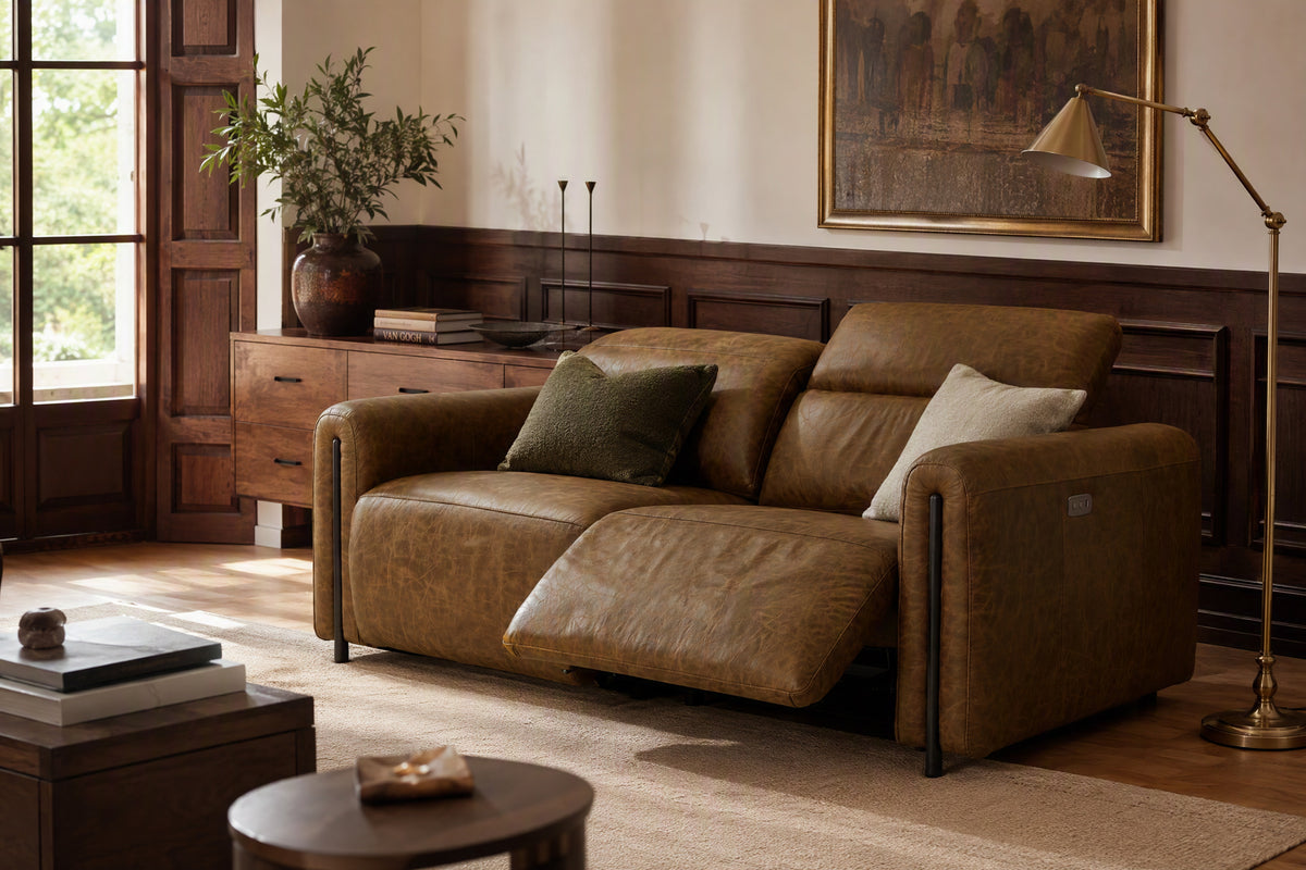Octavia Distressed Italian Aniline Leather Dual Reclining Sofa