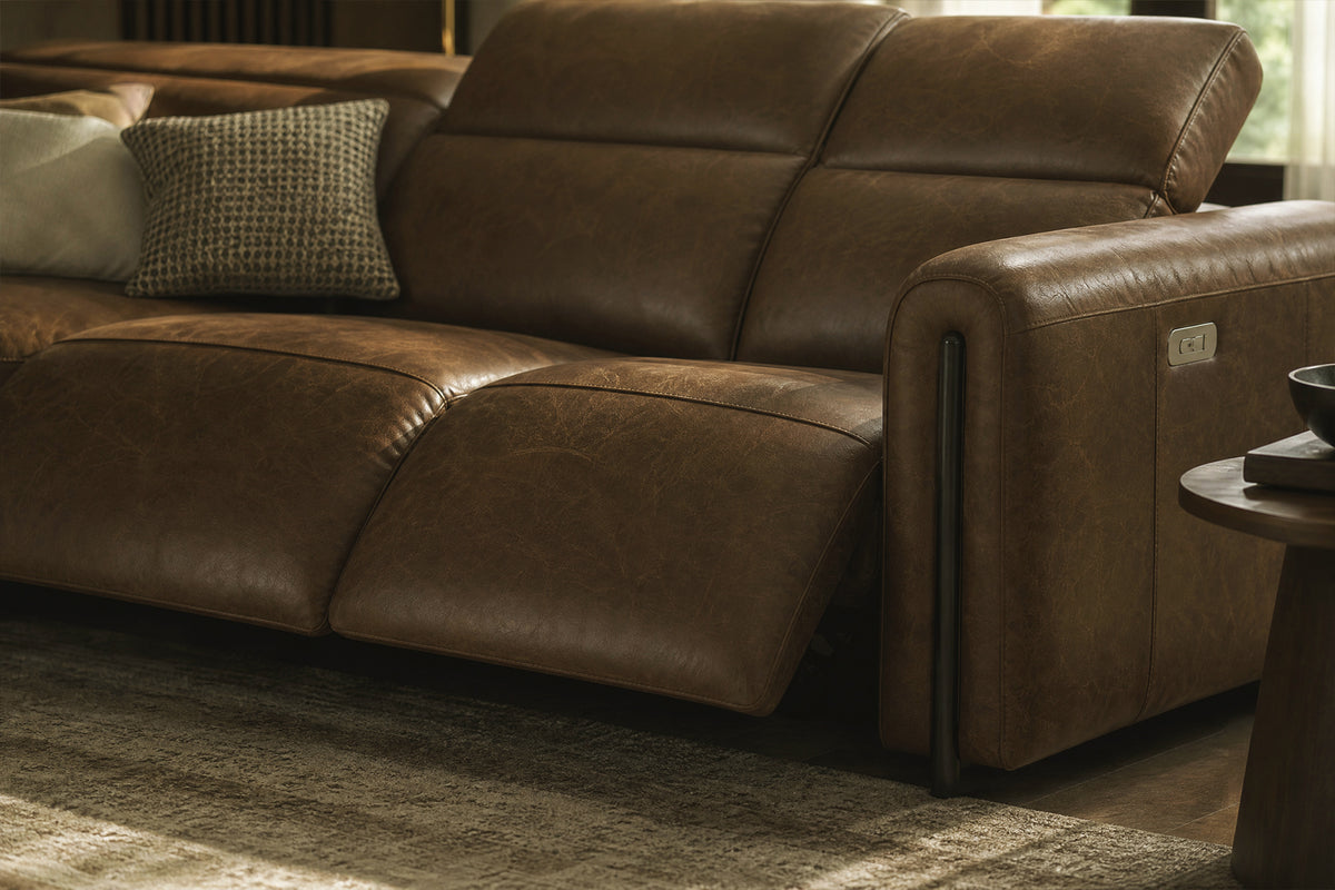 Octavia Distressed Italian Aniline Leather Reclining Corner Sectional Sofa