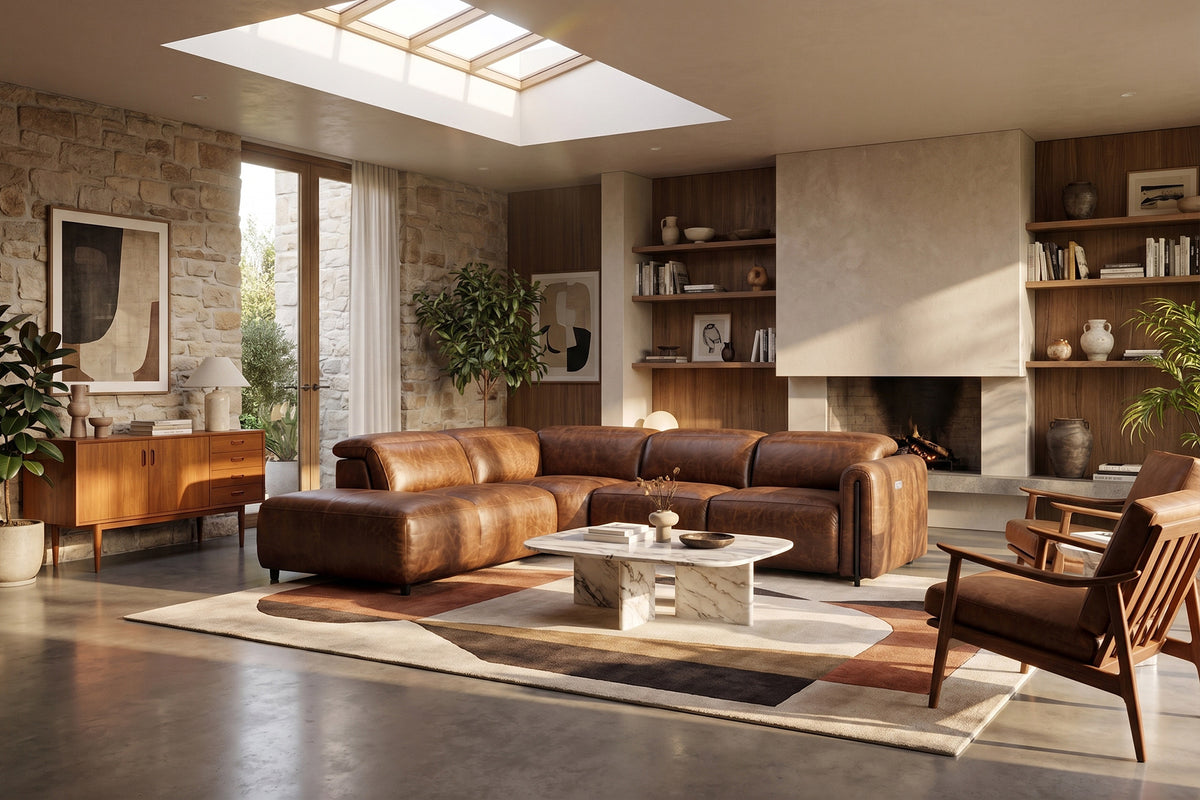 Octavia Distressed Italian Aniline Leather Reclining Corner Sectional Sofa
