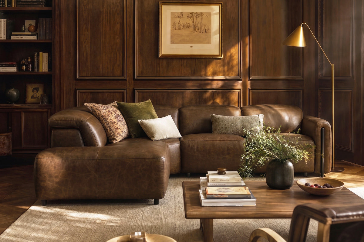 Octavia Distressed Italian Aniline Leather Reclining Corner Sectional Sofa
