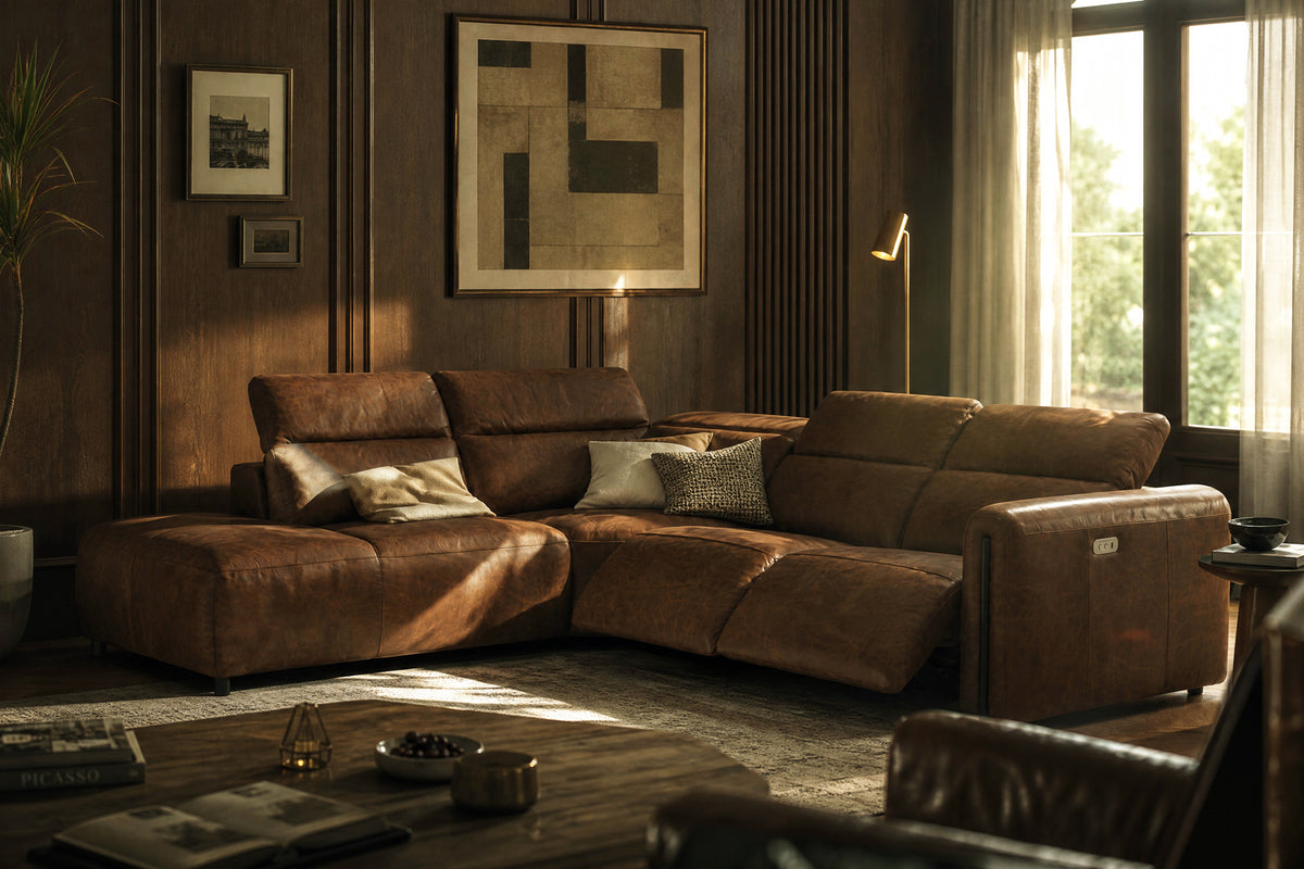 Octavia Distressed Italian Aniline Leather Reclining Corner Sectional Sofa
